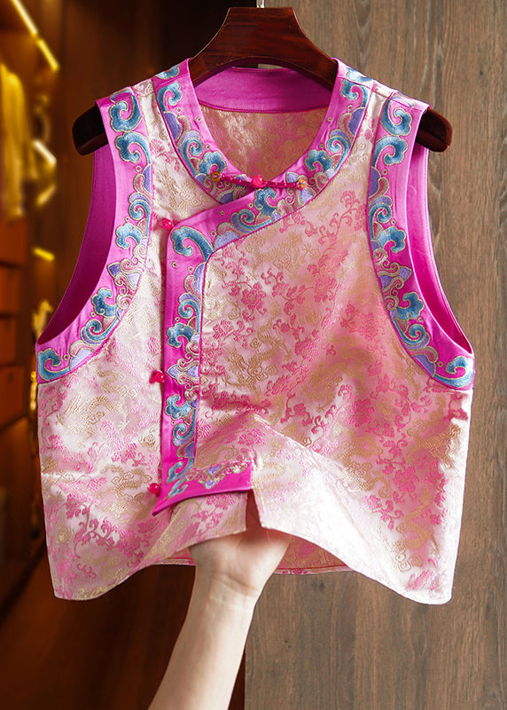 Pink Embroidered Button Patchwork Silk Waistcoat Sleeveless