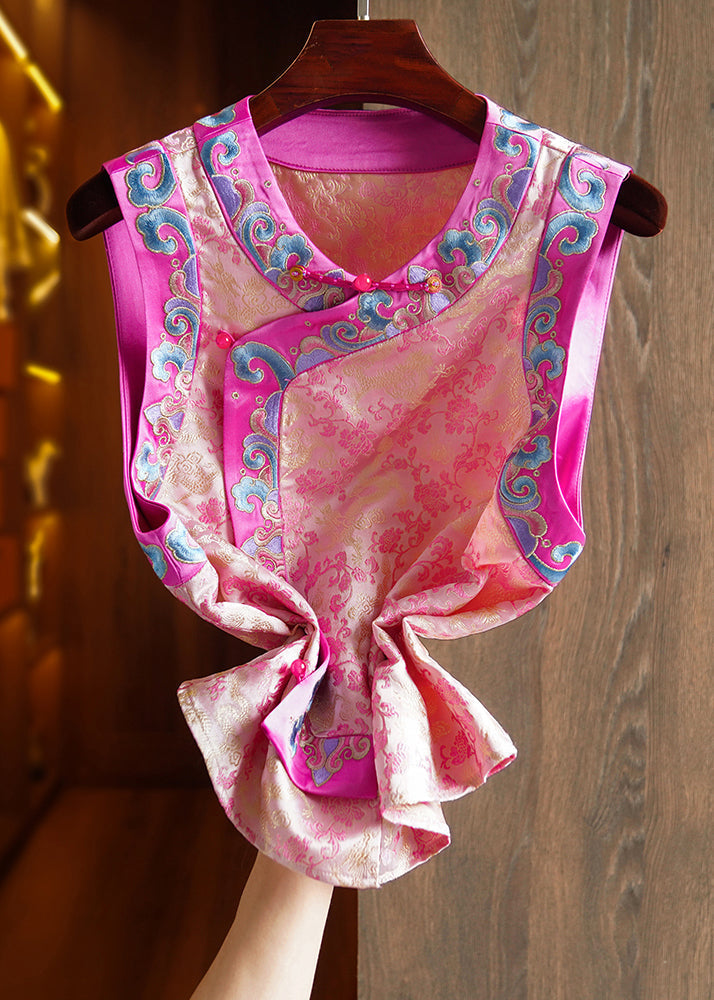 Pink Embroidered Button Patchwork Silk Waistcoat Sleeveless