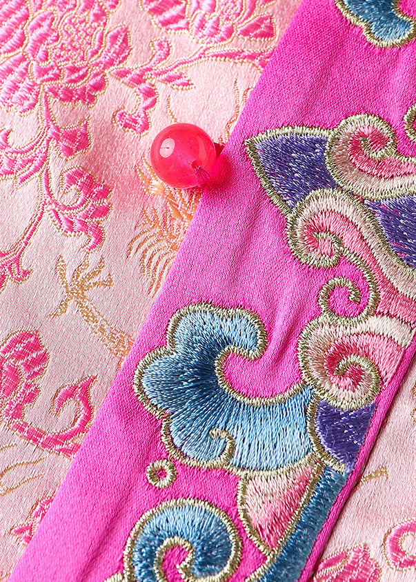 Pink Embroidered Button Patchwork Silk Waistcoat Sleeveless