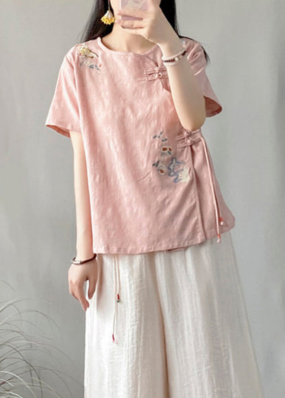 Pink Embroideried Chinese Button Patchwork Linen Top Summer