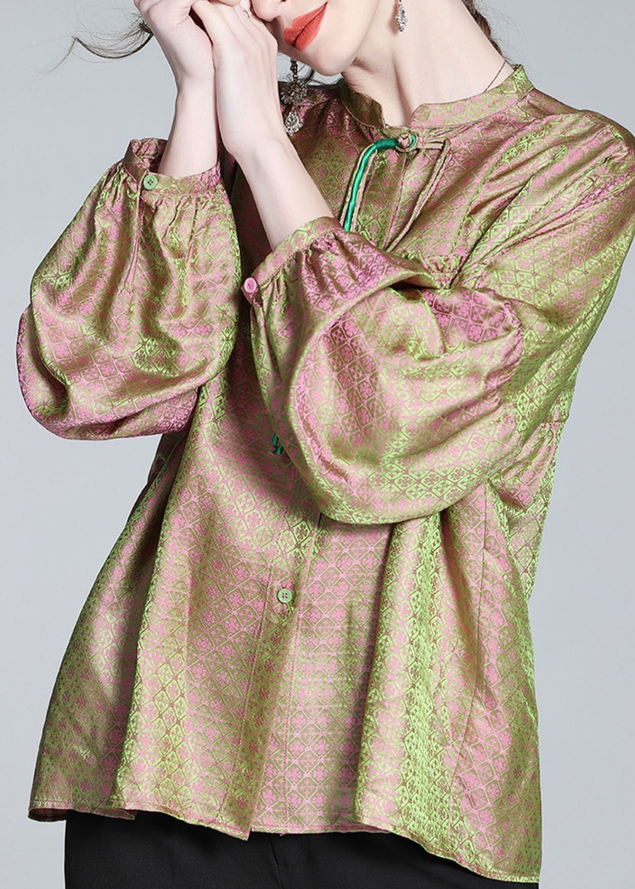 Vintage Pink Green Stand Collar Print Button Slik Shirts Lantern Sleeve