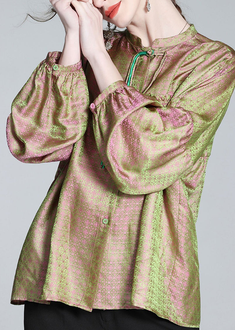 Pink Green Stand Collar Print Button Slik Shirts Lantern Sleeve