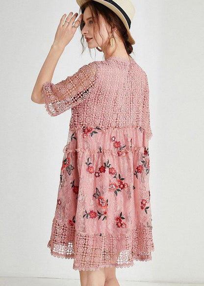 Pink Hollow Out Embroideried Summer Mid Dress Half Sleeve