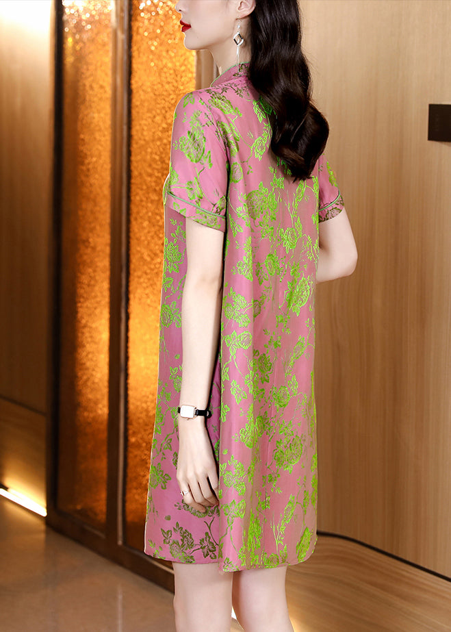Pink Mandarin Collar Jacquard Silk Cheongsam Dresses Short Sleeve