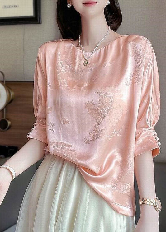 Pink O-neck Jacquard Button Silk Blouse Tops Half Sleeve