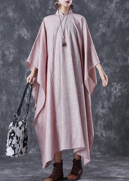 Pink Oversized Chinese Style Linen Dresses Batwing Sleeve
