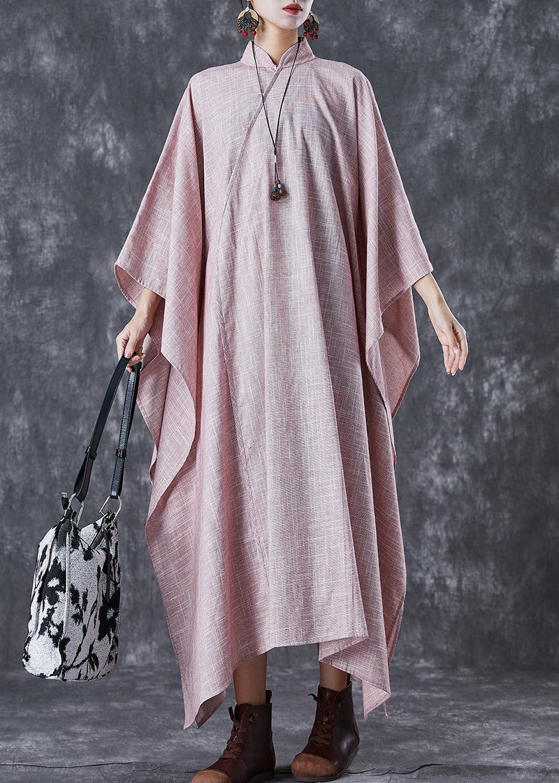 Pink Oversized Chinese Style Linen Dresses Batwing Sleeve
