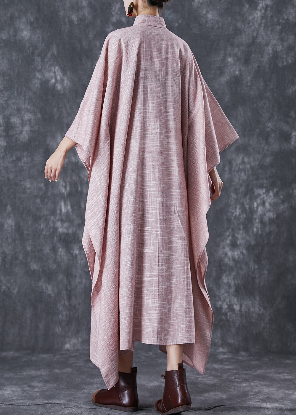 Pink Oversized Chinese Style Linen Dresses Batwing Sleeve