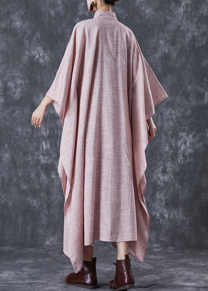 Pink Oversized Chinese Style Linen Dresses Batwing Sleeve