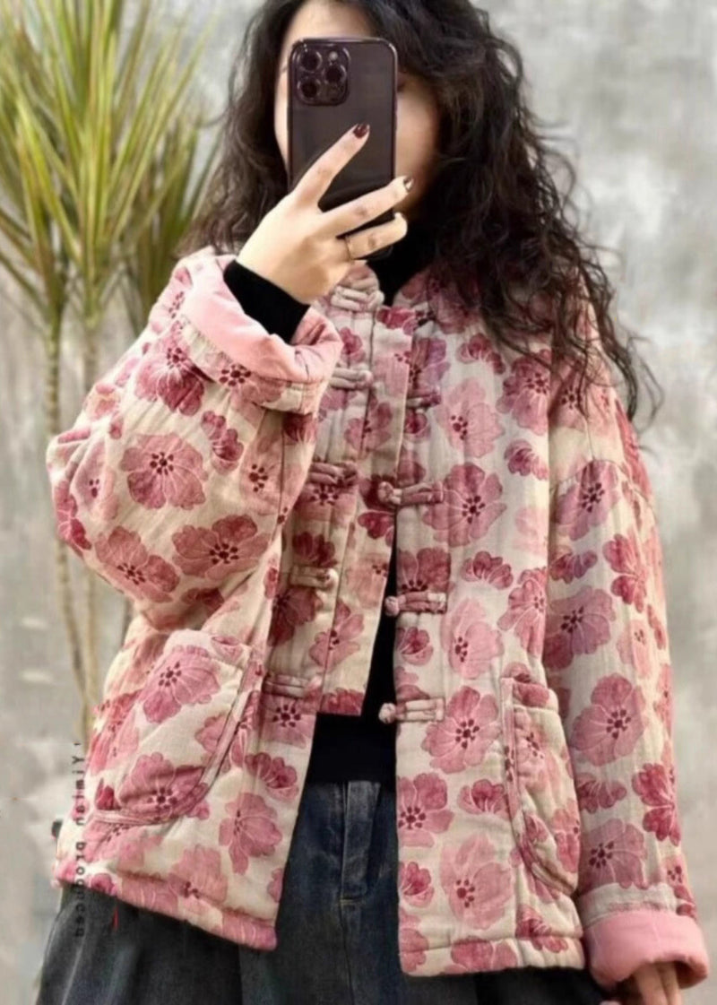 Pink Oversized Print Fine Cotton Filled Parkaer Winter