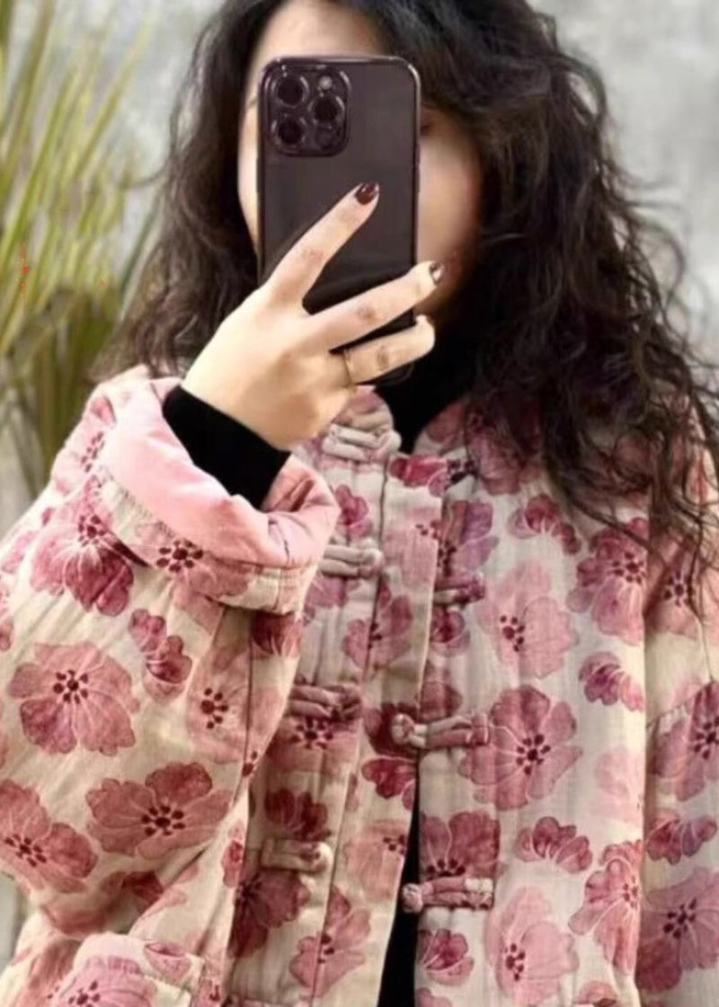 Pink Oversized Print Fine Cotton Filled Parkaer Winter