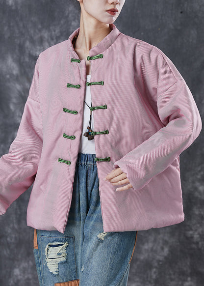 Pink Oversized Striped Fine Cotton Filled Coat Winter