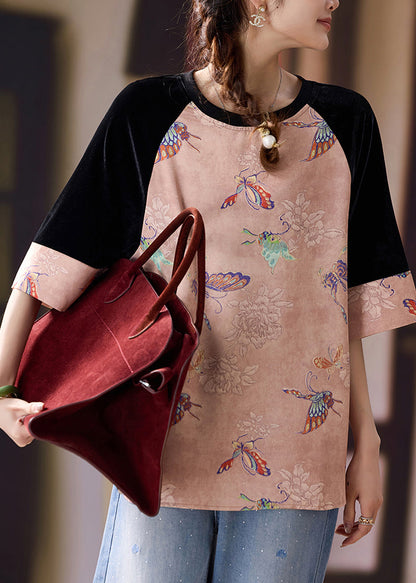 Pink Patchwork Cotton Oriental Tanks Butterfly Print Half Sleeve