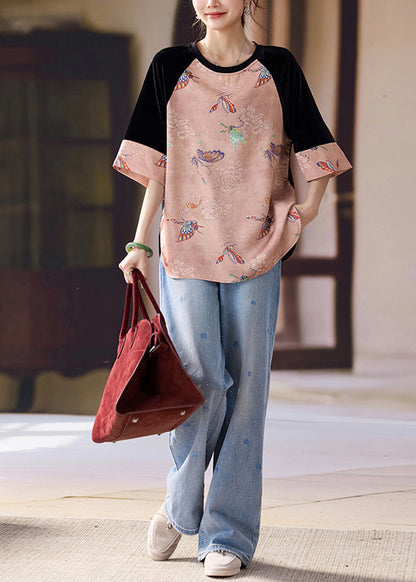 Pink Patchwork Cotton Oriental Tanks Butterfly Print Half Sleeve