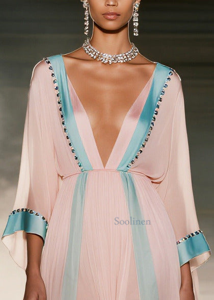 Pink Patchwork Side Open Chiffon Maxi Dress Summer