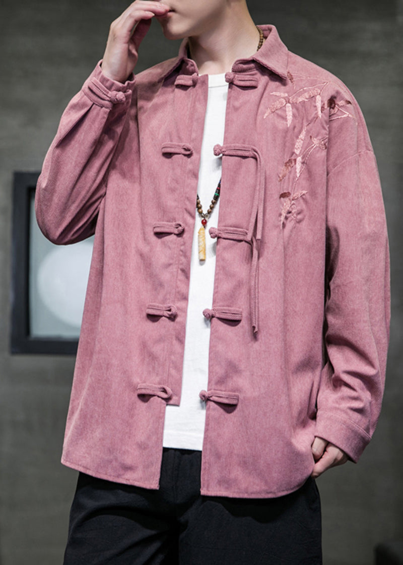 Pink Peter Pan Collar Embroideried Corduroy Coats Long Sleeve