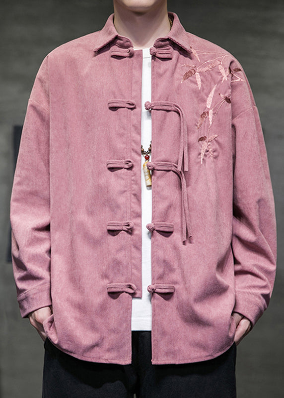 Pink Peter Pan Collar Embroideried Corduroy Coats Long Sleeve
