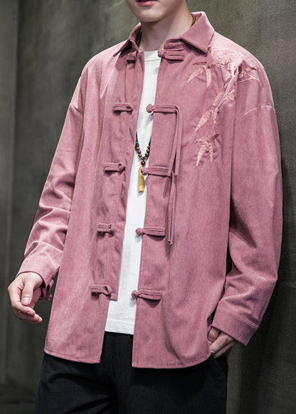 Pink Peter Pan Collar Embroideried Corduroy Coats Long Sleeve