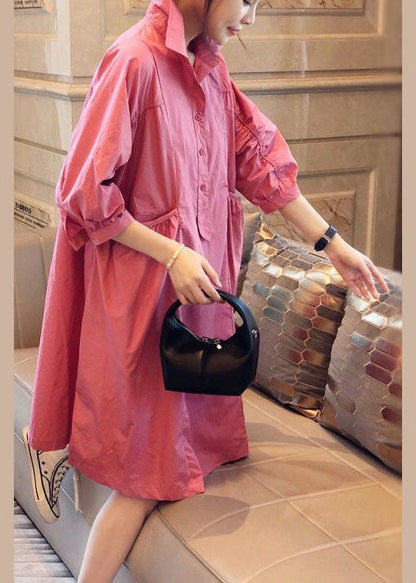 Pink Pockets Button Fall Half Sleeve Shirt Dress