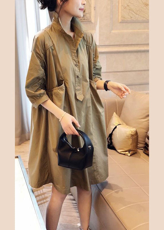 Red Stitching Pockets Button Fall Half Sleeve Shirt Dress