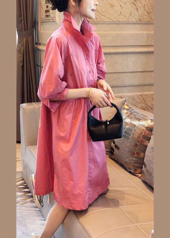 Purple Polka Dots Pockets Button Fall Half Sleeve Shirt Dress
