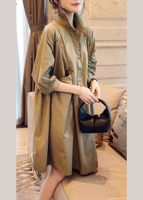 Red Stitching Pockets Button Fall Half Sleeve Shirt Dress