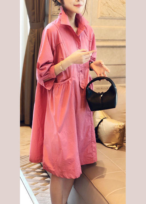 Purple Polka Dots Pockets Button Fall Half Sleeve Shirt Dress