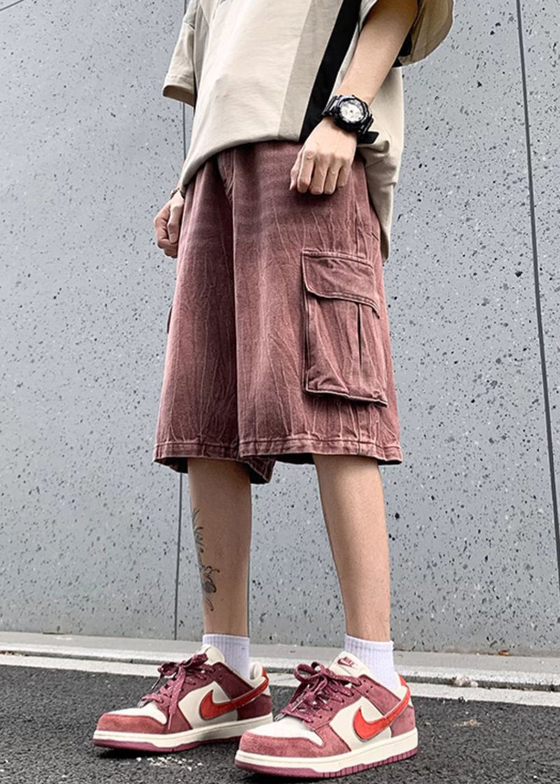 Pink Pockets Elastic Waist Denim Shorts Summer