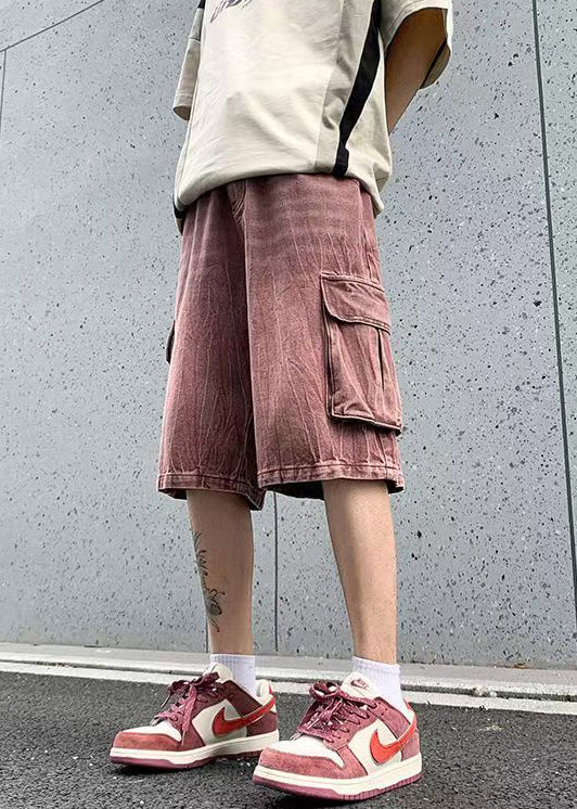 Pink Pockets Elastic Waist Denim Shorts Summer