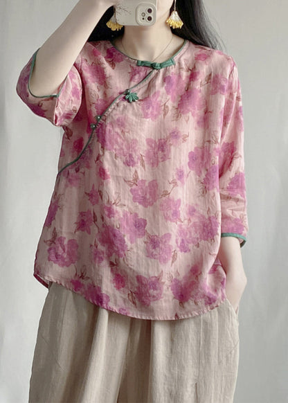 Vintage Pink Print Linen Oriental Blouses Bracelet Sleeve