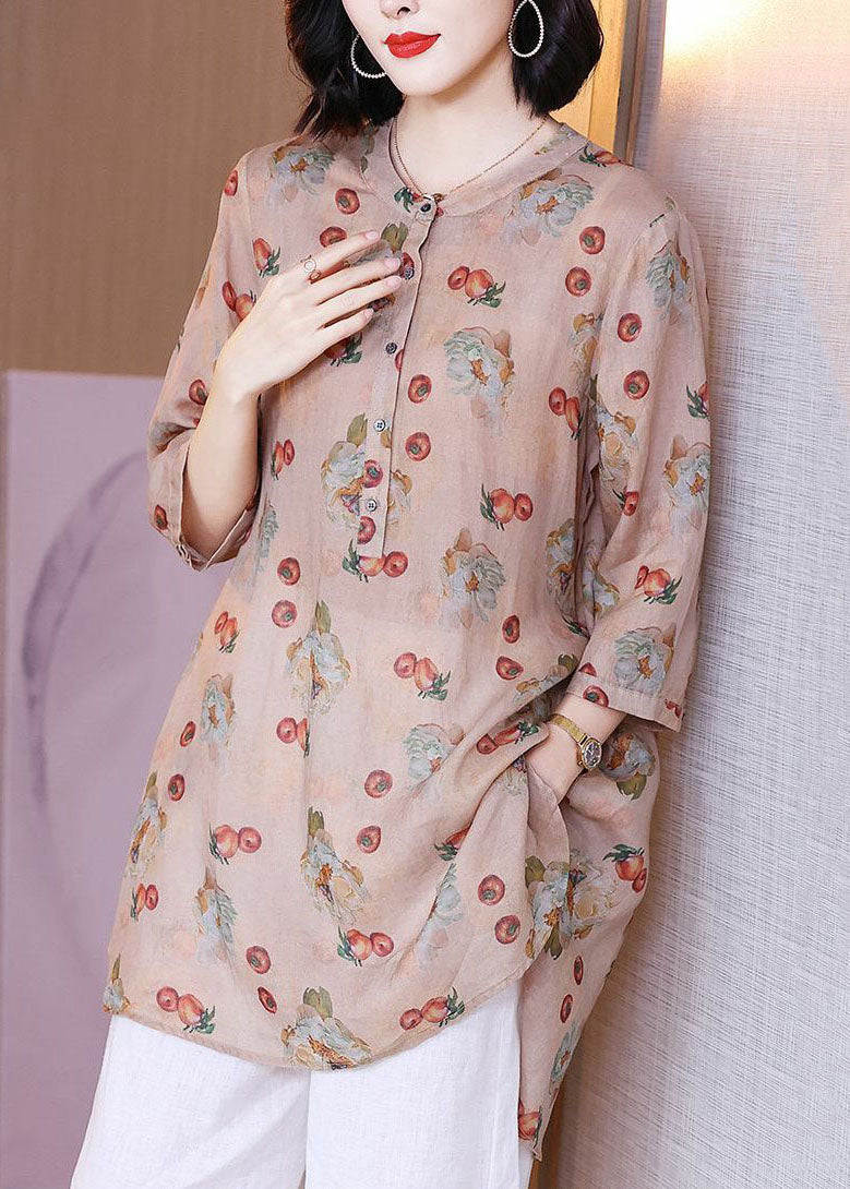 Pink Print Pockets Patchwork Linen Blouse Top Summer
