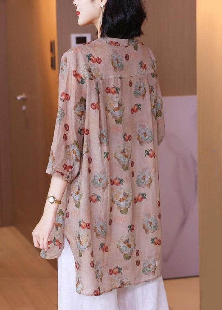 Pink Print Pockets Patchwork Linen Blouse Top Summer