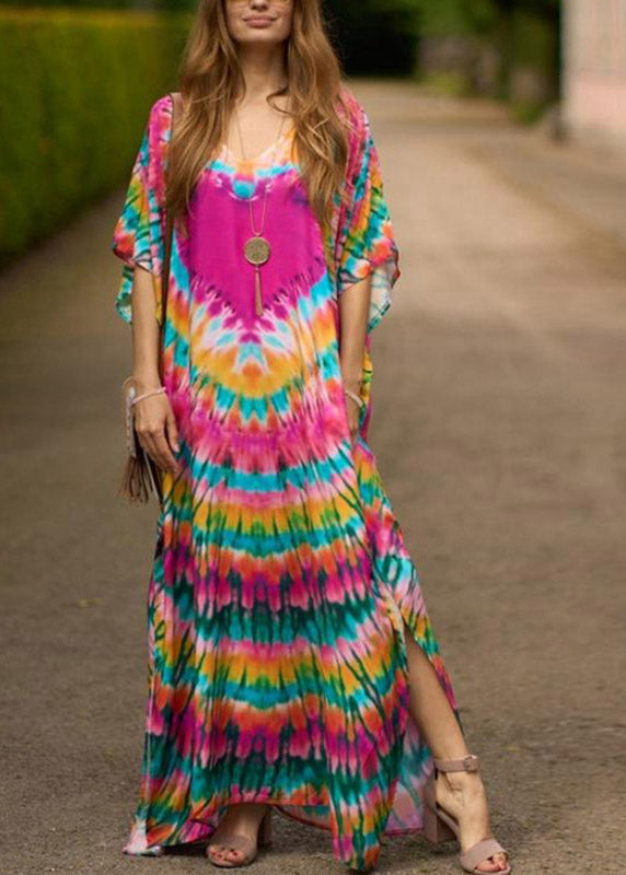 Pink Print Side Open Maxi Holiday Dress Short Sleeve