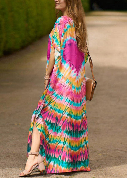 Pink Print Side Open Maxi Holiday Dress Short Sleeve