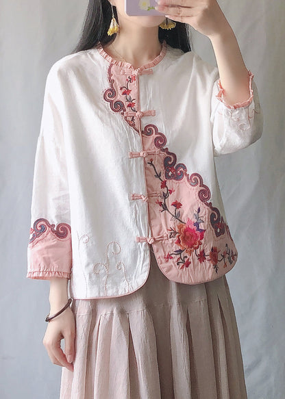 Pink Ruffled Embroideried Chinese Button Cotton Short Coat Spring
