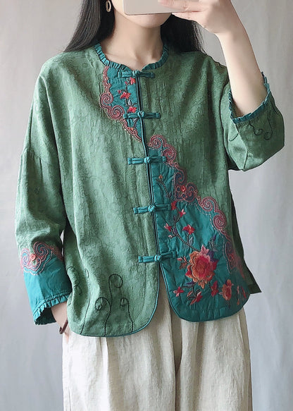 Pink Ruffled Embroideried Chinese Button Cotton Short Coat Spring
