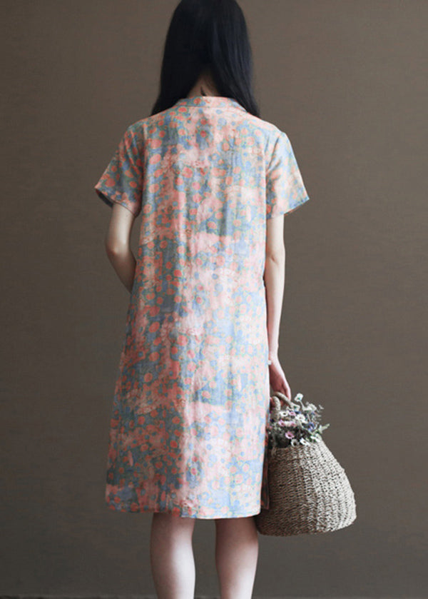 Pink Stand Collar Print Linen Cheongsam Dress Short Sleeve