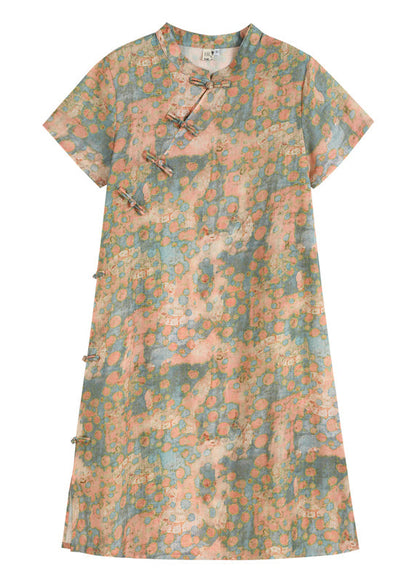 Pink Stand Collar Print Linen Cheongsam Dress Short Sleeve