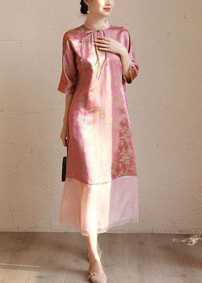 Pink Stand Collar Tasseled Print Patchwork Silk Long Dress Summer