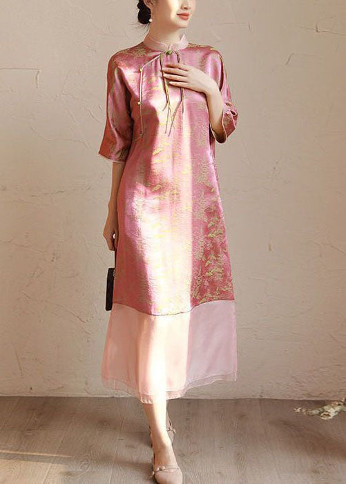 Pink Stand Collar Tasseled Print Patchwork Silk Long Dress Summer