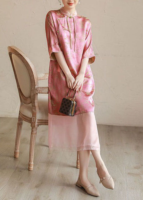 Pink Stand Collar Tasseled Print Patchwork Silk Long Dress Summer