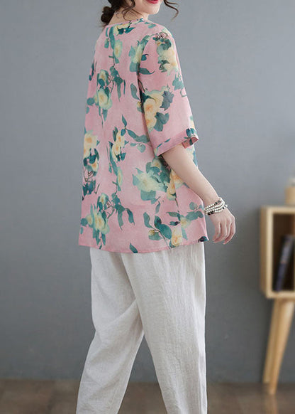 Pink Tasseled Asymmetrical Print Patchwork Cotton Top Summer