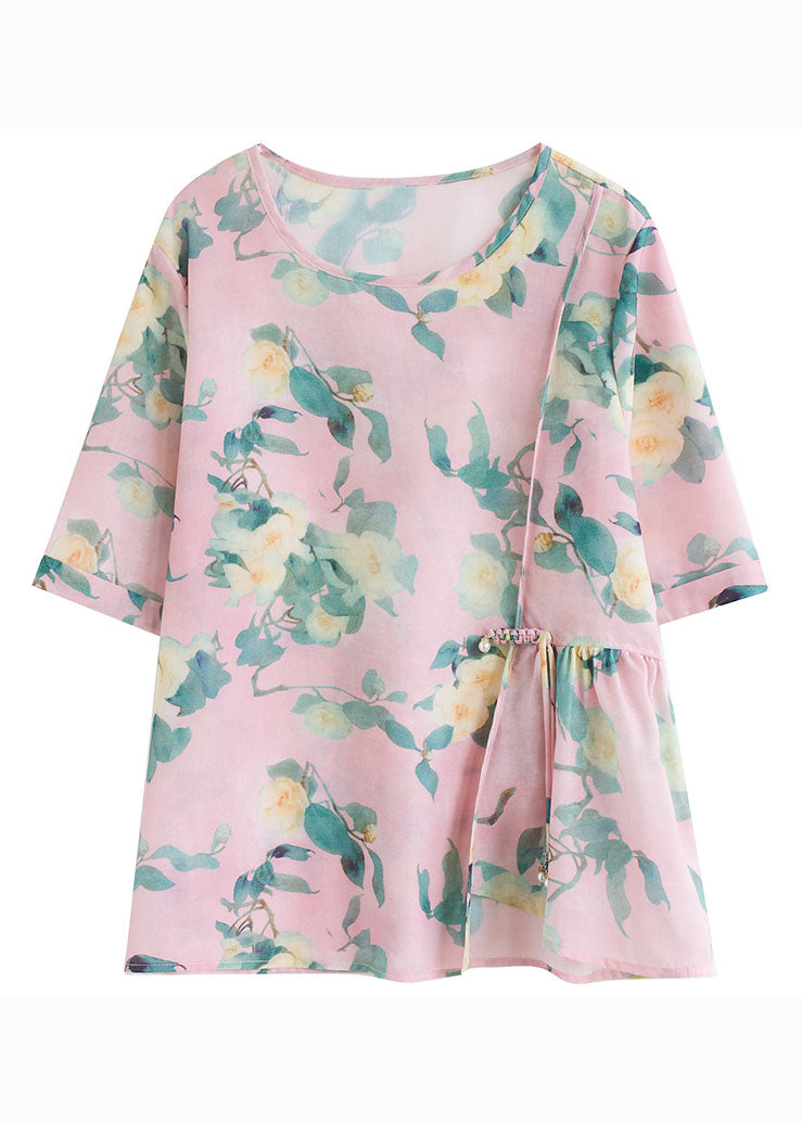Pink Tasseled Asymmetrical Print Patchwork Cotton Top Summer