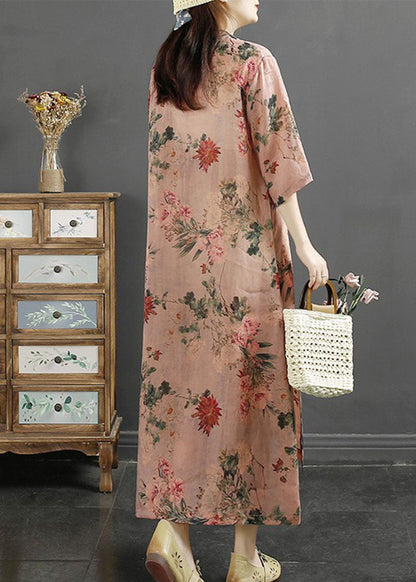 Pink Tasseled Print Patchwork Linen Dresses Summer