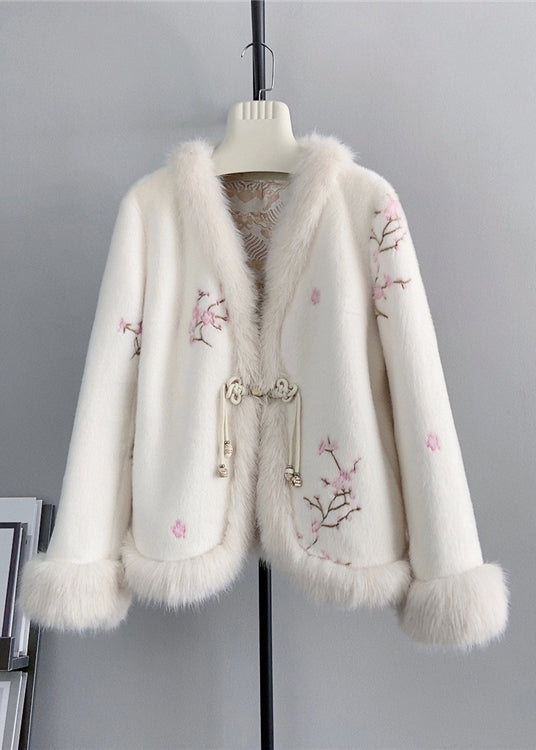 Pink V Neck Embroidered Fox Fur Mink Cashmere Coat Winter