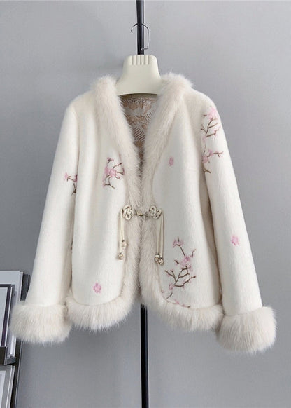 Pink V Neck Embroidered Fox Fur Mink Cashmere Coat Winter