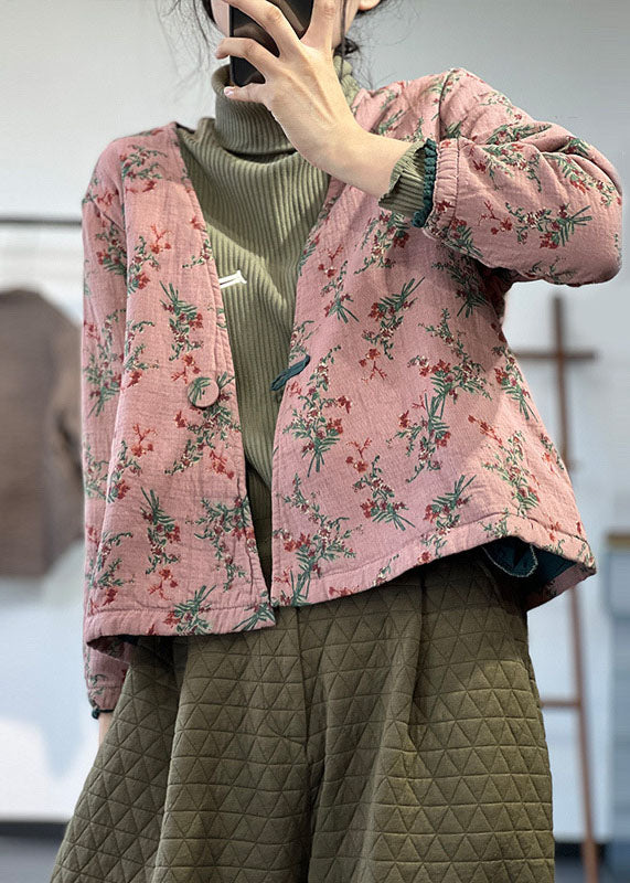 Pink V Neck Print Fine Cotton Filled Parka Jacket Winter