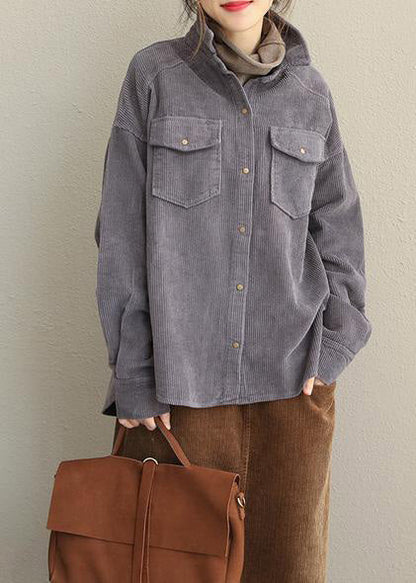 Pink and Gray Fall Loose Corduroy Short Coat for