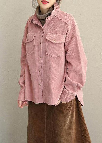 Pink and Gray Fall Loose Corduroy Short Coat for