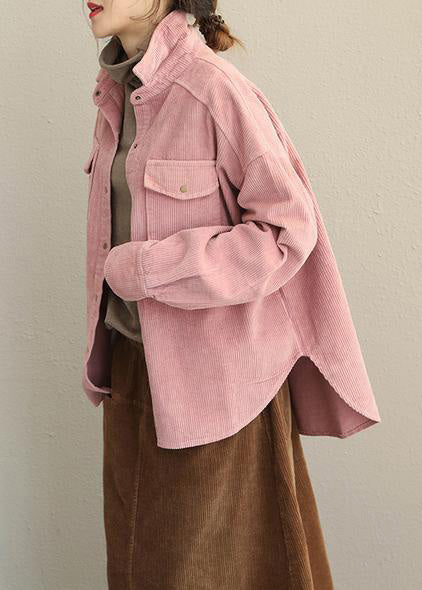 Pink and Gray Fall Loose Corduroy Short Coat for